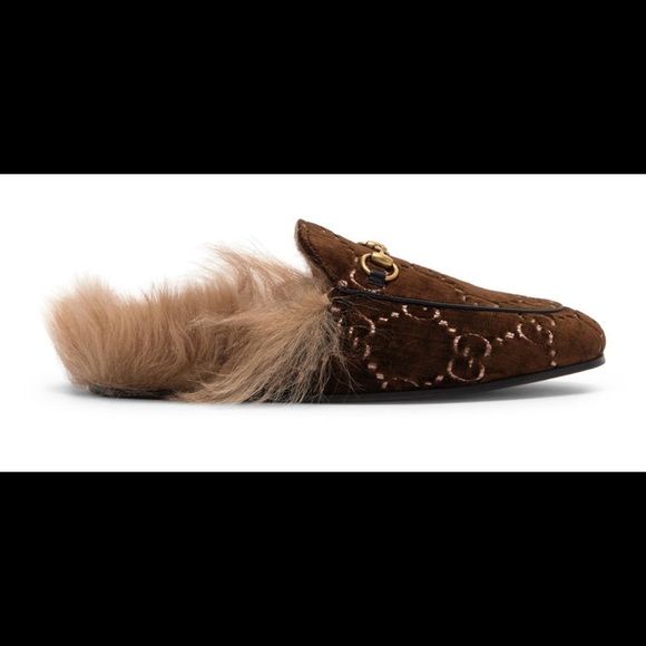 NIB GUCCI Princetown Velvet Logo Lamb Fur Mules 35 - Picture 2 of 10